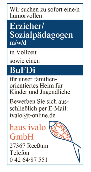 Sozialpädagogen für unser familienorientiertes Heim für Kinder und Jugendliche in Reeßum